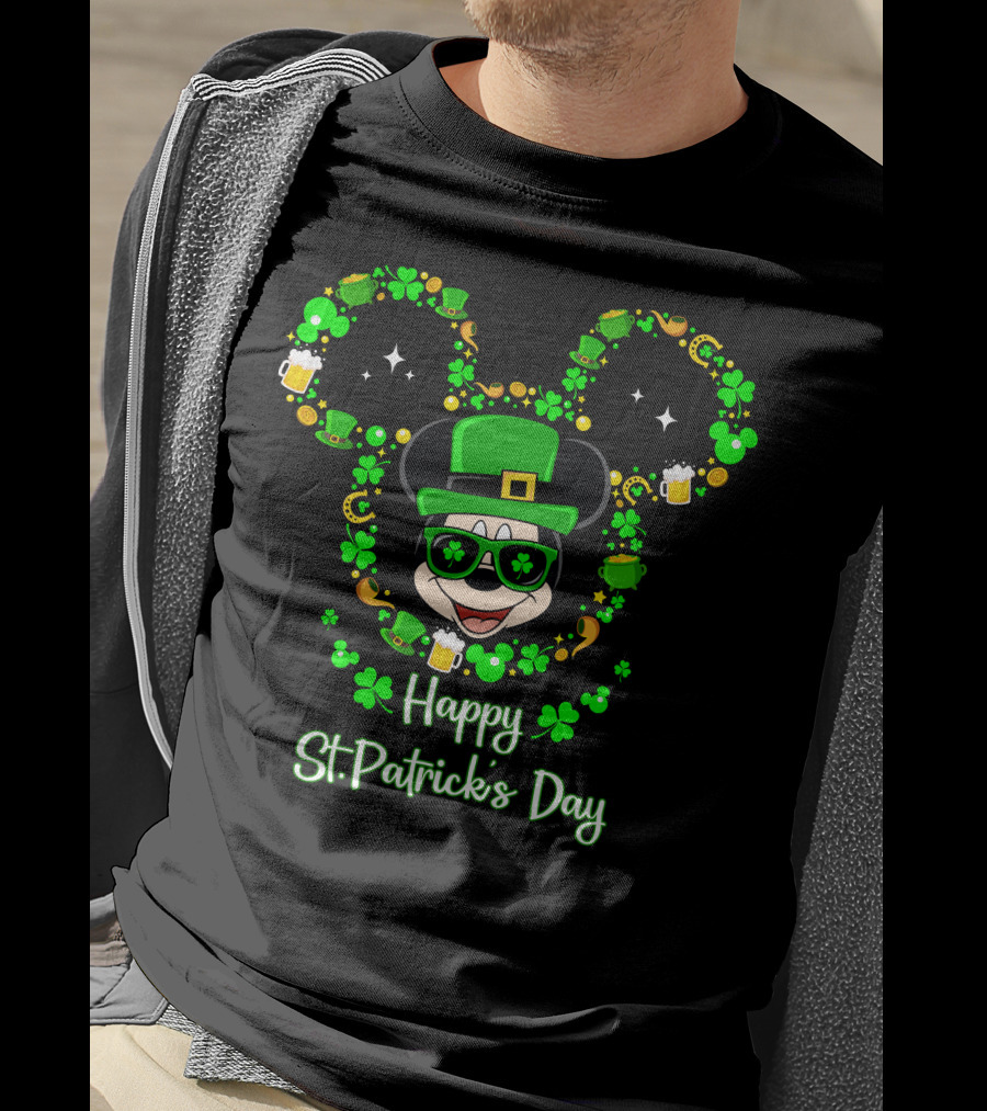 Happy St. Patrick's Day Mickey Graphic With Leprechaun Hat And Shamrocks T-Shirt