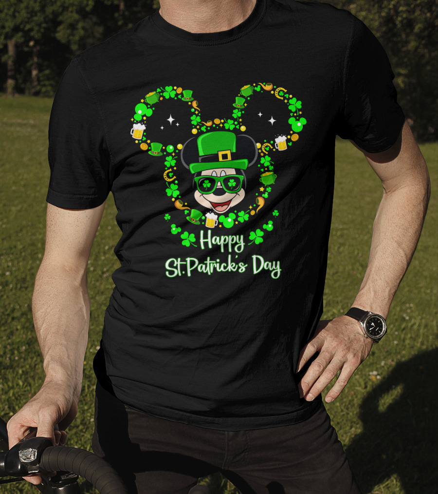 Happy St. Patrick's Day Mickey Graphic With Leprechaun Hat And Shamrocks T-Shirt
