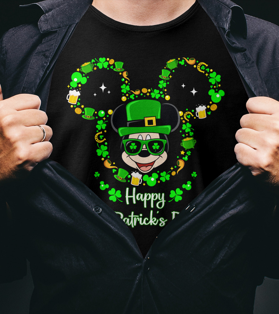Happy St. Patrick's Day Mickey Graphic With Leprechaun Hat And Shamrocks T-Shirt