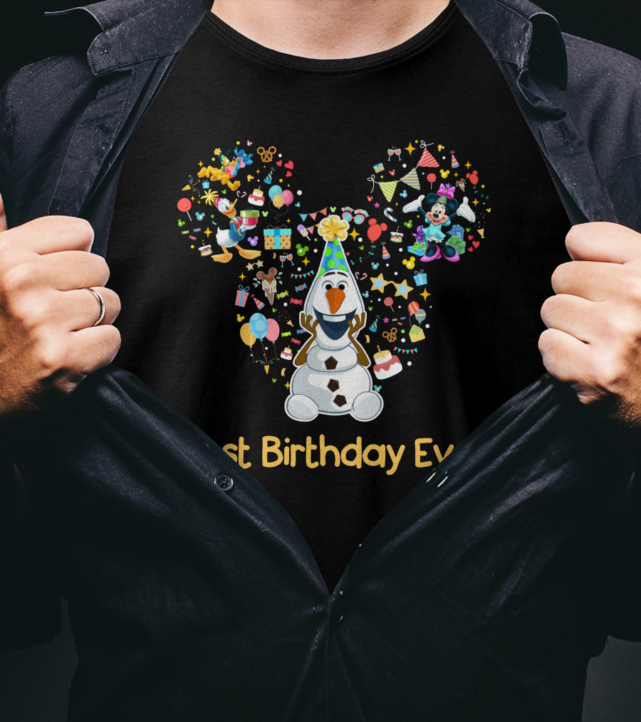Olaf Best Birthday Ever Mickey Mouse Head With Minnie Party Icons T-Shirt