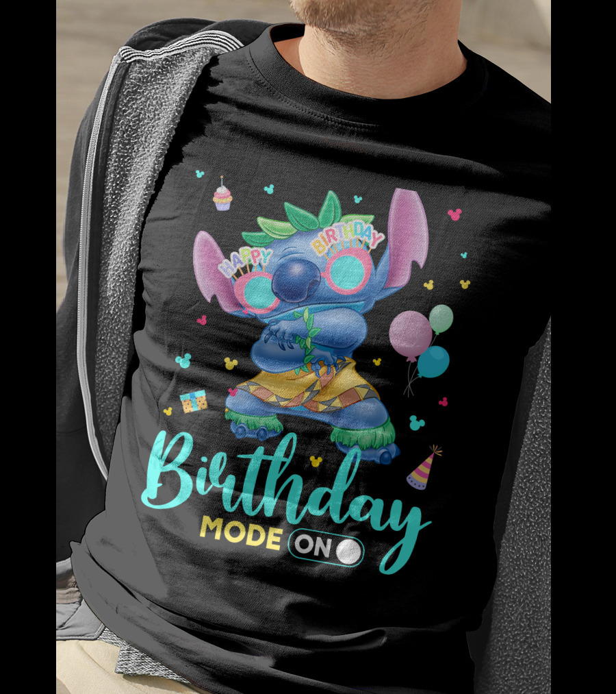 Stitch Birthday Mode On With Balloons And Cupcake T-Shirt