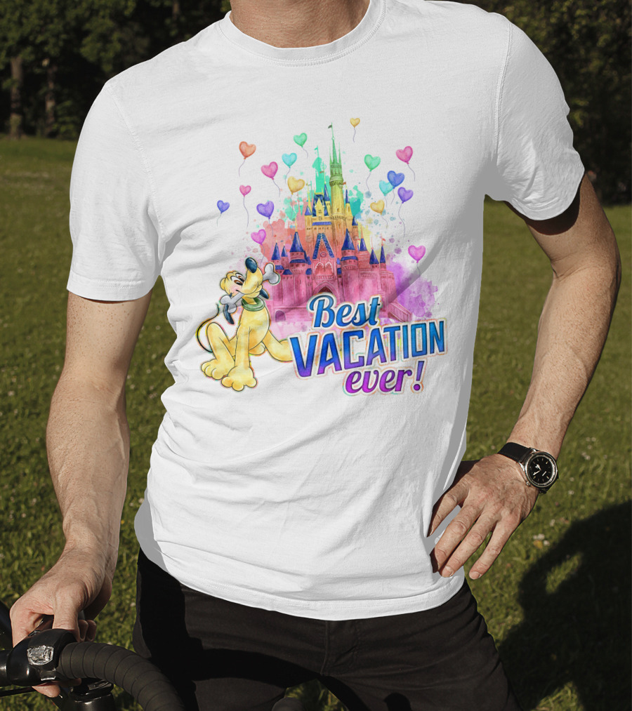 Best Vacation Ever Pluto With Colorful Castle And Heart Balloons T-Shirt