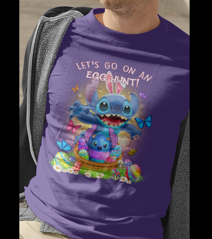Let's Go On An Egg Hunt With Stitch Basket Of Eggs And Butterflies T-Shirt