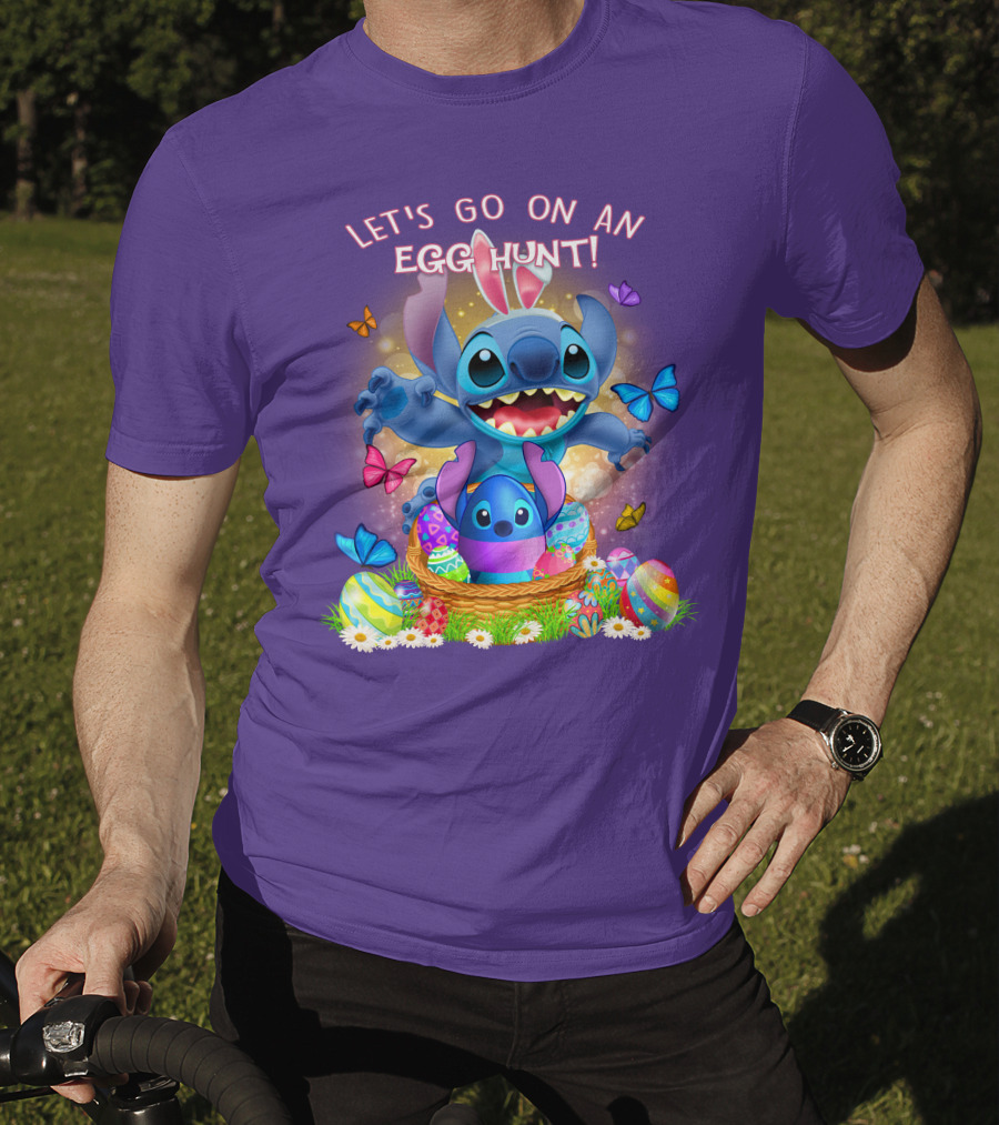 Let's Go On An Egg Hunt With Stitch Basket Of Eggs And Butterflies T-Shirt