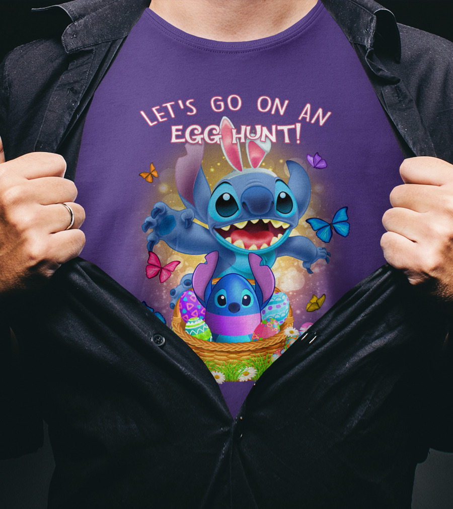 Let's Go On An Egg Hunt With Stitch Basket Of Eggs And Butterflies T-Shirt