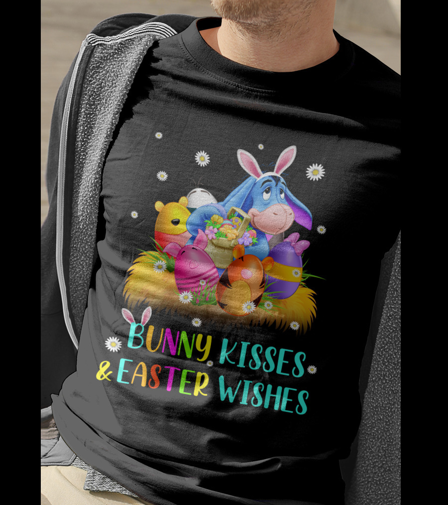 Bunny Kisses And Easter Wishes Eeyore Colorful Eggs Basket T-Shirt