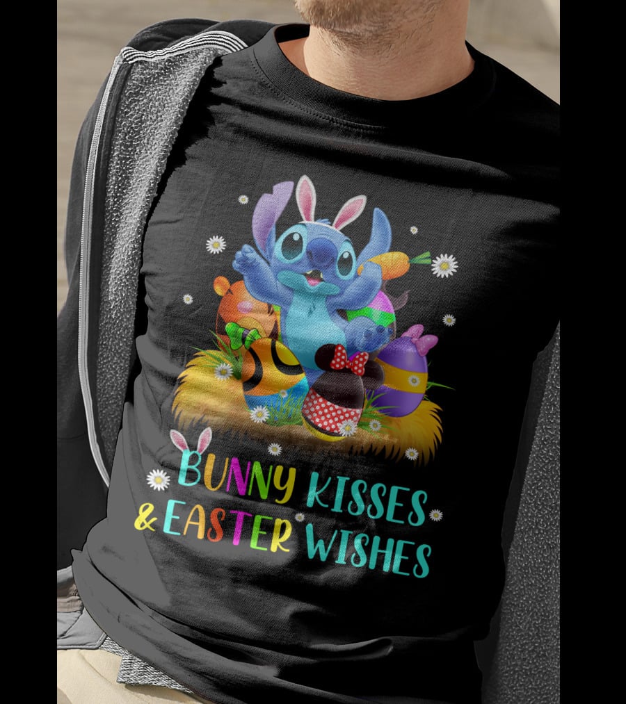 Bunny Kisses & Easter Wishes Stitch With Colorful Eggs And Spring Flowers T-Shirt