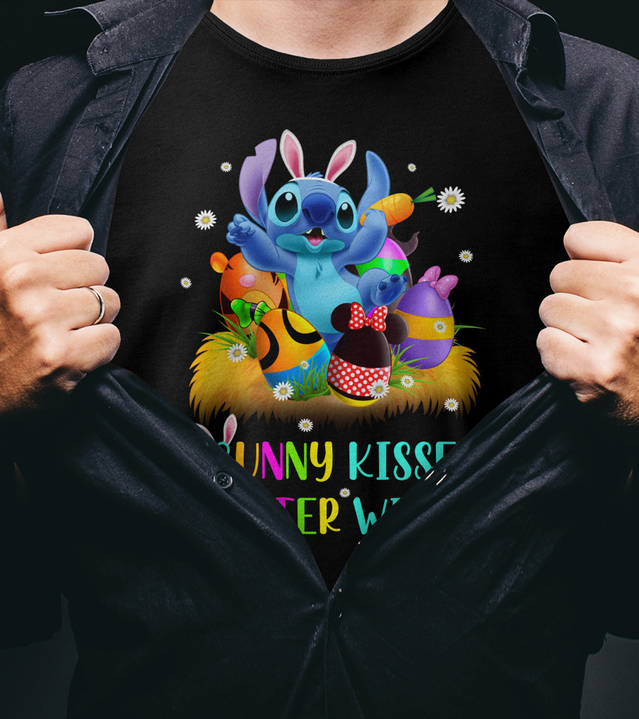 Bunny Kisses & Easter Wishes Stitch With Colorful Eggs And Spring Flowers T-Shirt