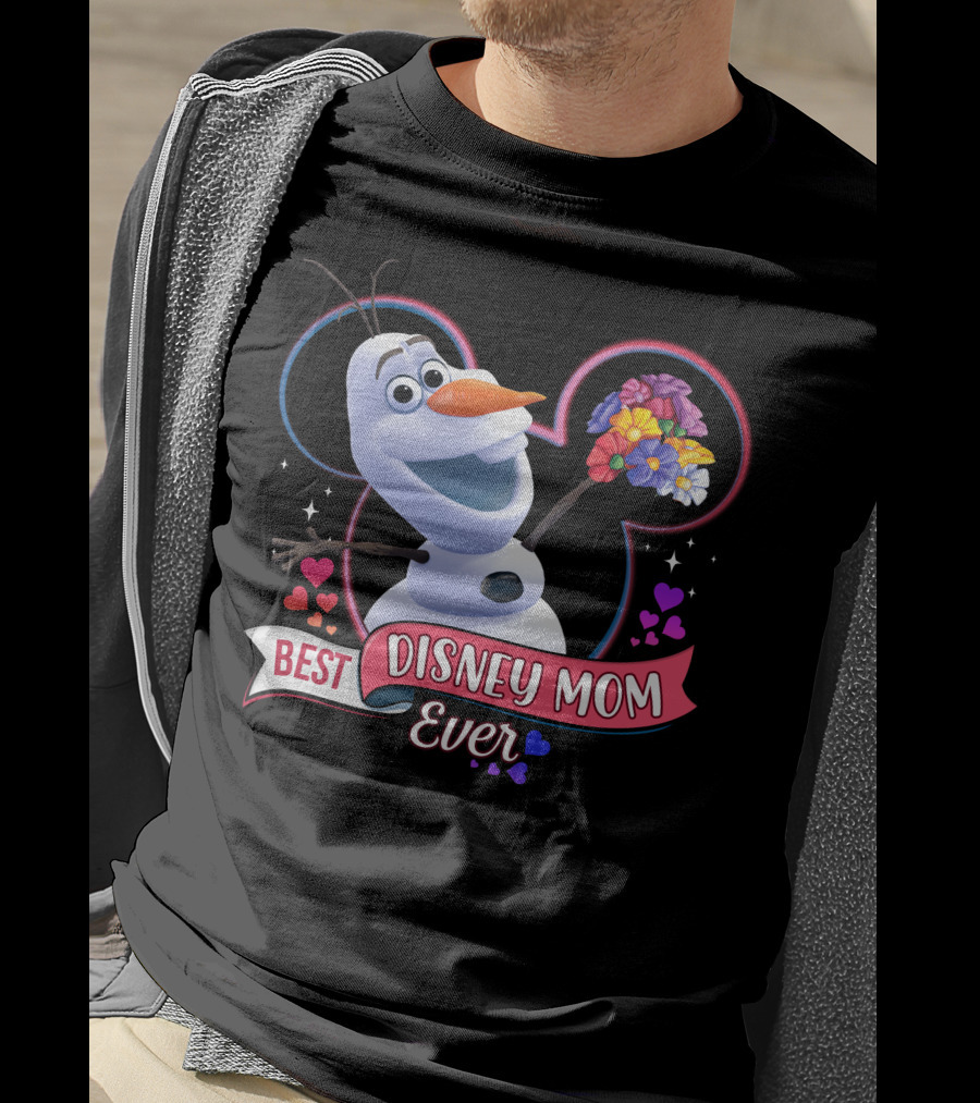 Best Disney Mom Ever Olaf Holding Flowers In Front Of Mickey Mouse Outline T-Shirt