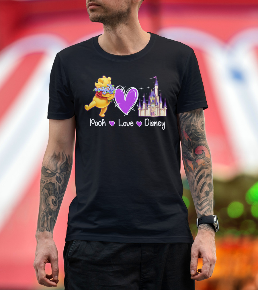 Pooh Love Disney With Purple Heart And Castle T-Shirt