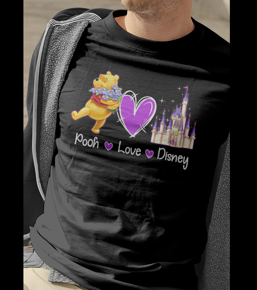 Pooh Love Disney With Purple Heart And Castle T-Shirt