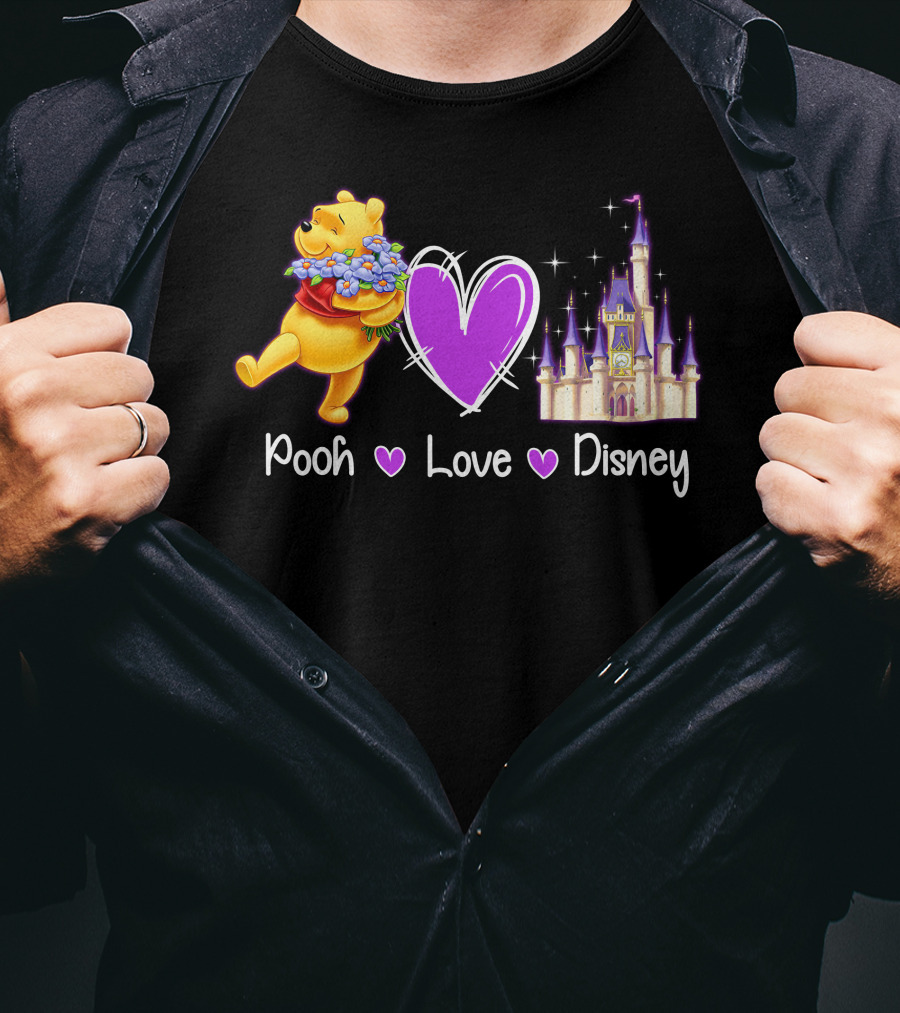 Pooh Love Disney With Purple Heart And Castle T-Shirt