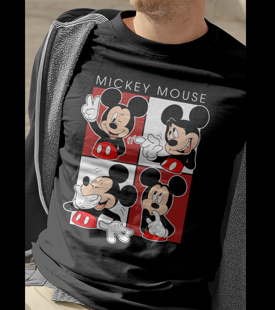Mickey Mouse Expressive Poses Red And White Comic Panel T-Shirt