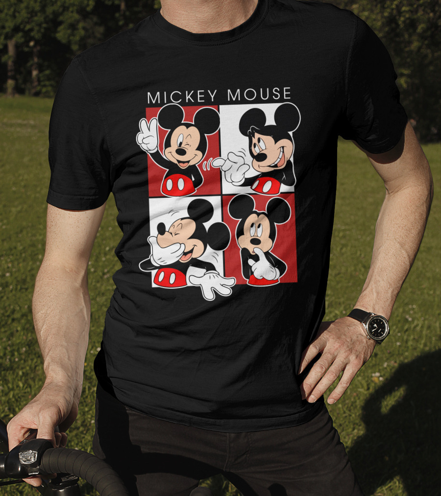 Mickey Mouse Expressive Poses Red And White Comic Panel T-Shirt