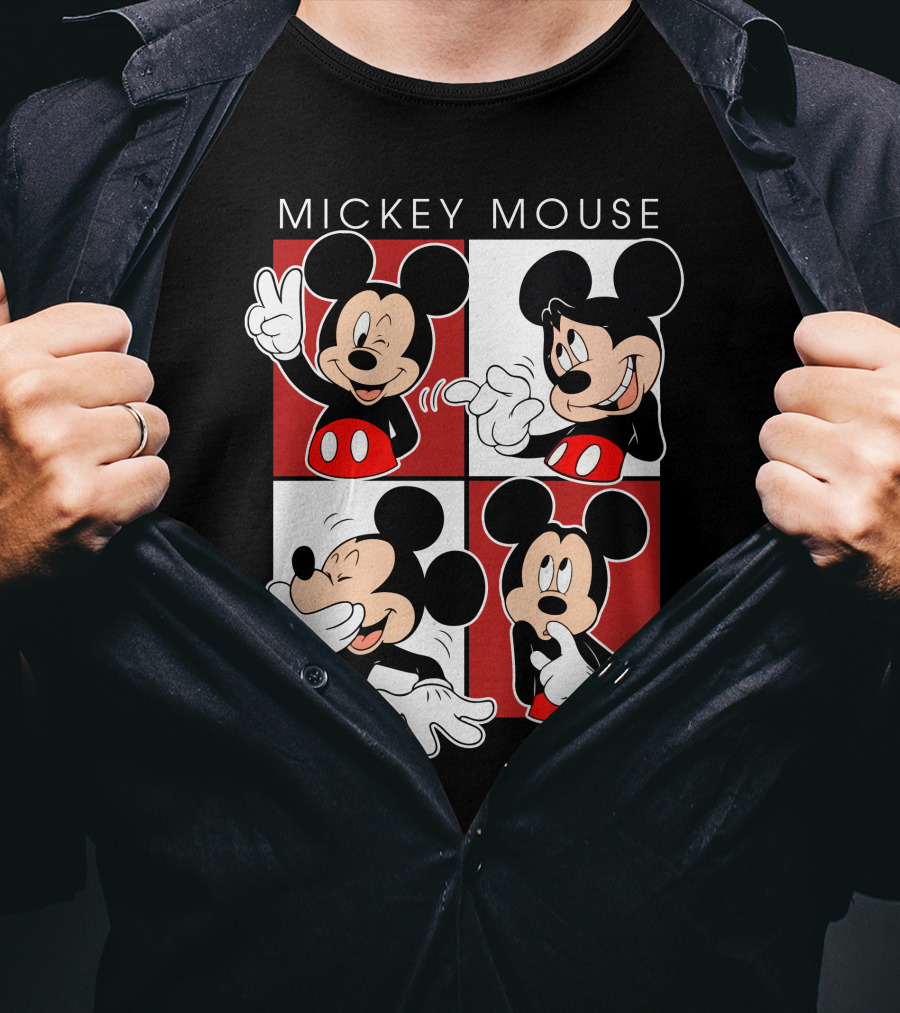 Mickey Mouse Expressive Poses Red And White Comic Panel T-Shirt