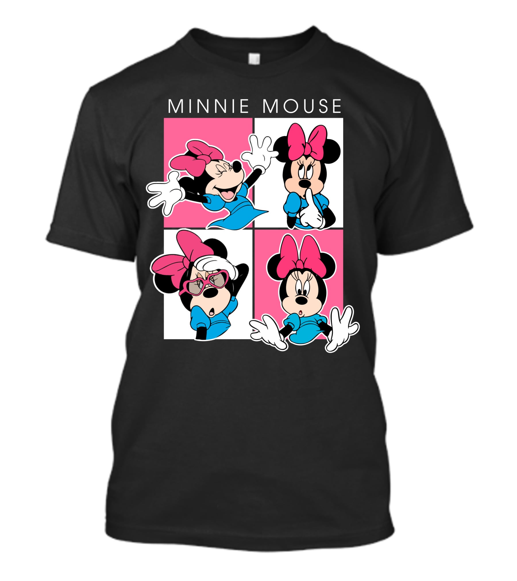 Minnie Mouse Expressive Poses In Blue Dress And Pink Bows T-Shirt