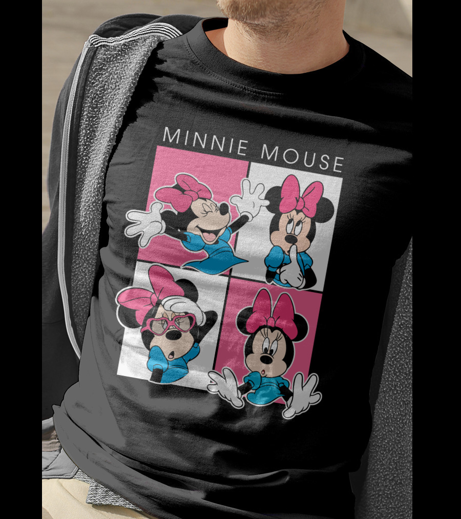 Minnie Mouse Expressive Poses In Blue Dress And Pink Bows T-Shirt