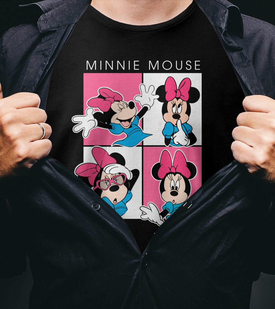 Minnie Mouse Expressive Poses In Blue Dress And Pink Bows T-Shirt