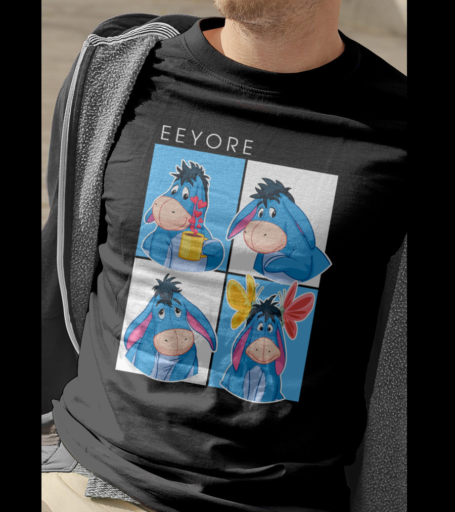 Eeyore Cartoon Expressions With Flowers And Mug T-Shirt