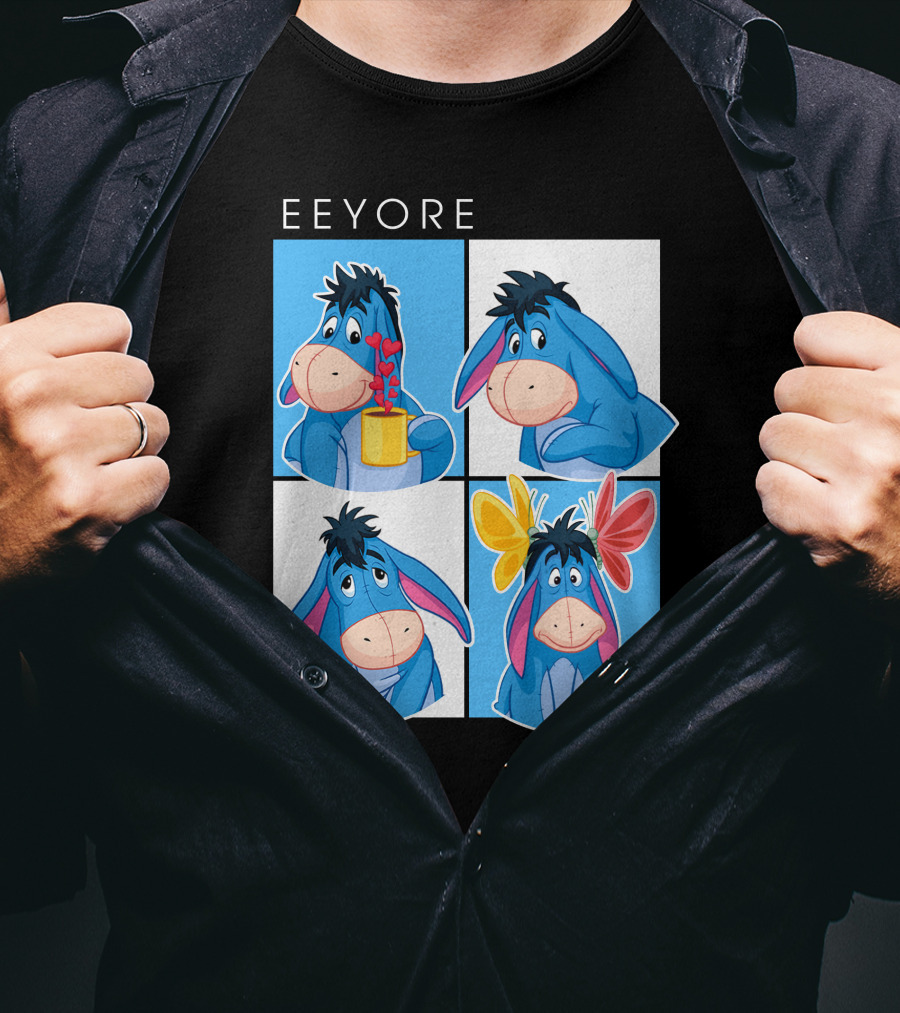 Eeyore Cartoon Expressions With Flowers And Mug T-Shirt