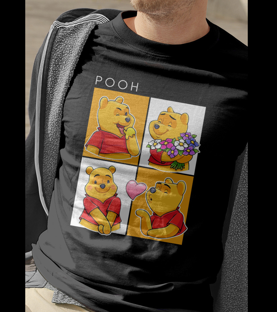 Pooh Cute Expressions And Flowers With Heart T-Shirt