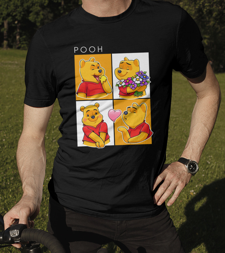 Pooh Cute Expressions And Flowers With Heart T-Shirt