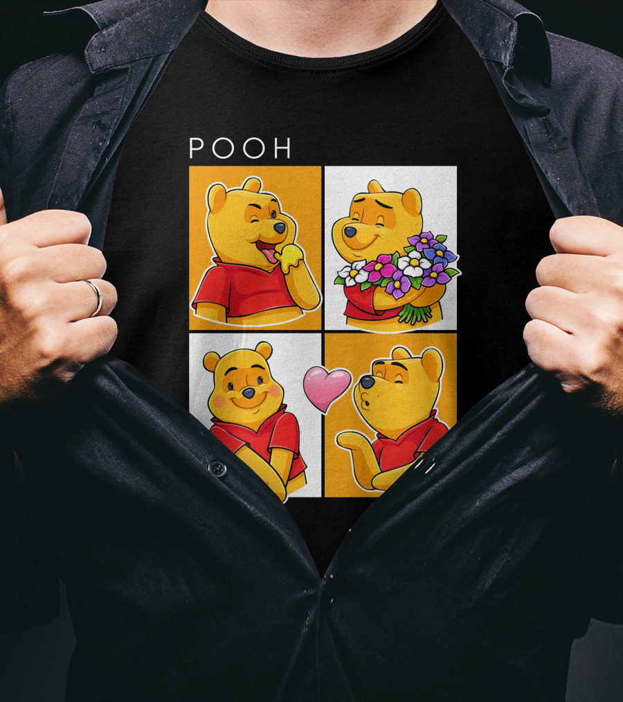 Pooh Cute Expressions And Flowers With Heart T-Shirt