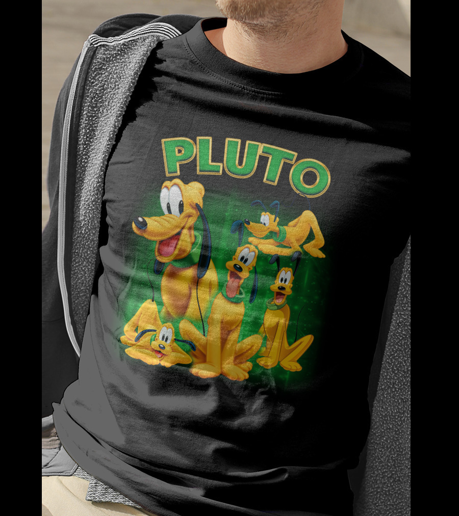 Pluto Classic Disney Character With Multiple Expressions On Green T-Shirt