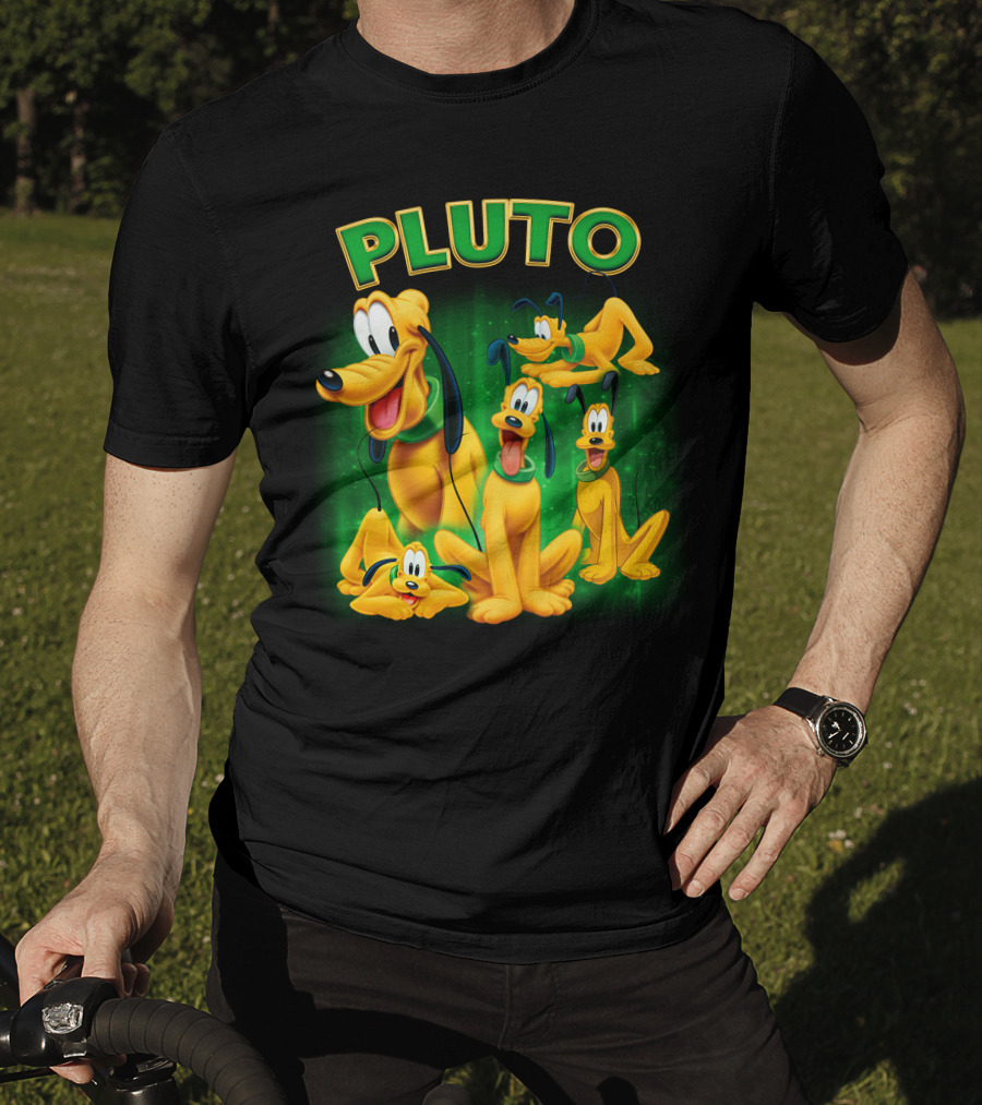 Pluto Classic Disney Character With Multiple Expressions On Green T-Shirt