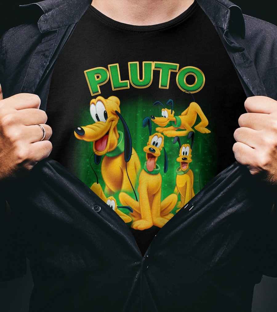 Pluto Classic Disney Character With Multiple Expressions On Green T-Shirt