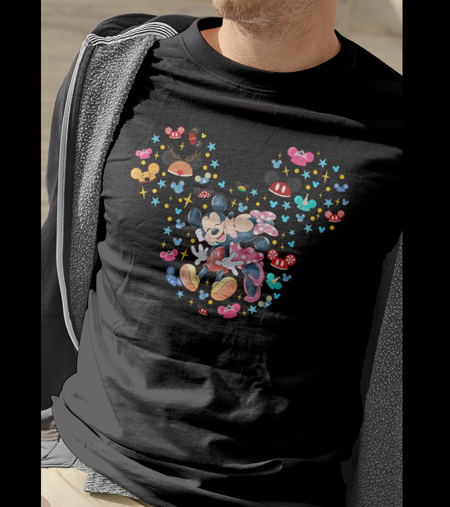 Mickey And Minnie Mouse Festive Holiday Celebration With Stars And Candy Cane Accents T-Shirt