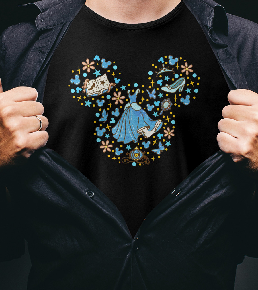 Cinderella Mickey Mouse Head Icon With Glass Slipper And Magic Elements T-Shirt