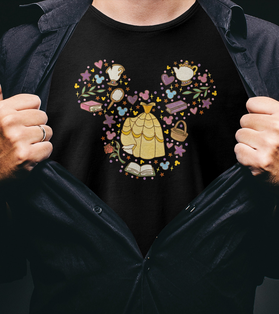 Belle Enchanted Castle Objects With Dress Roses Books And Teapot In Mouse Ears Shape T-Shirt