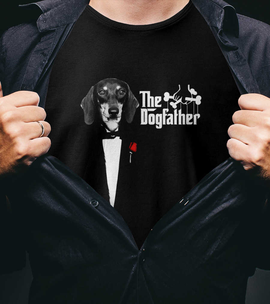 The Dogfather Dashund Tuxedo Rose Puppeteer T-Shirt