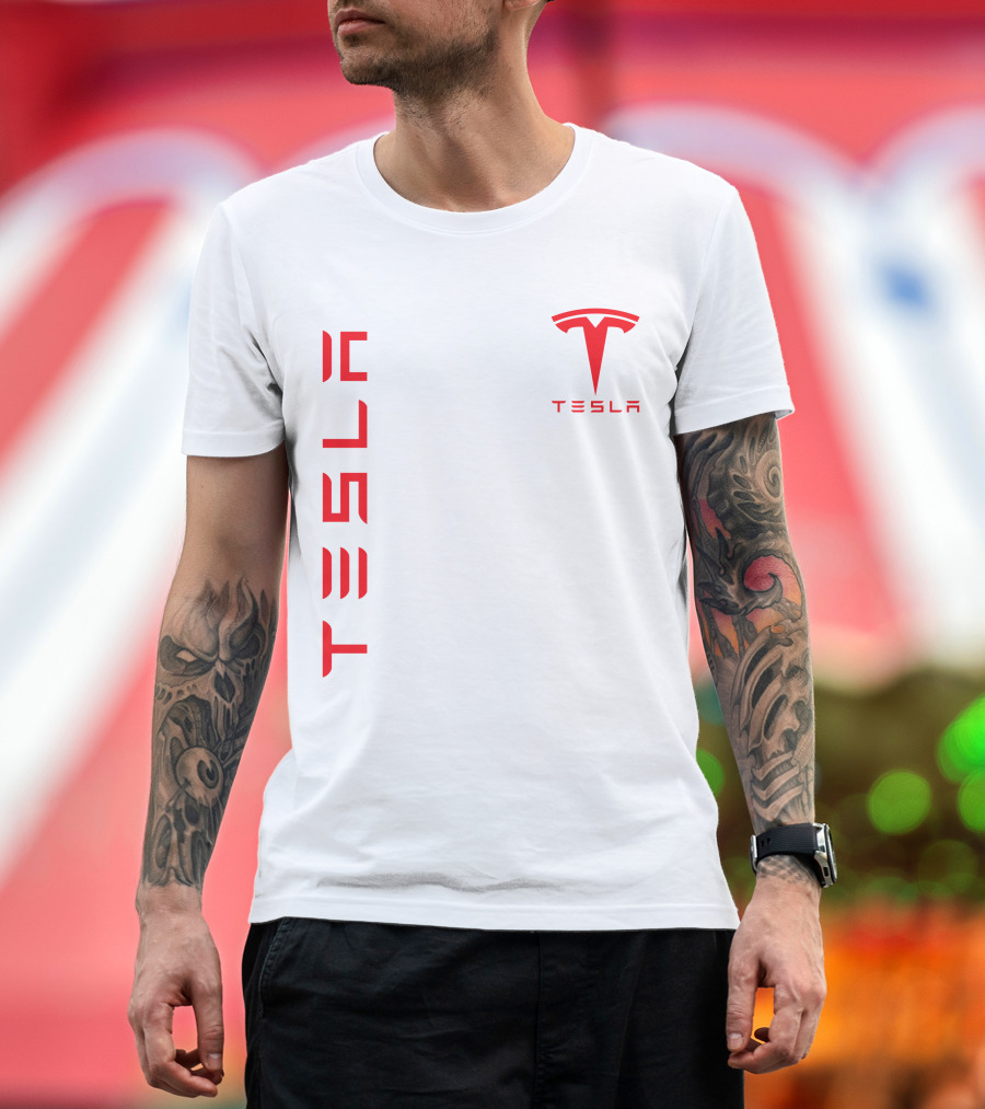 Tesla Vertical and Logo Red T-Shirt