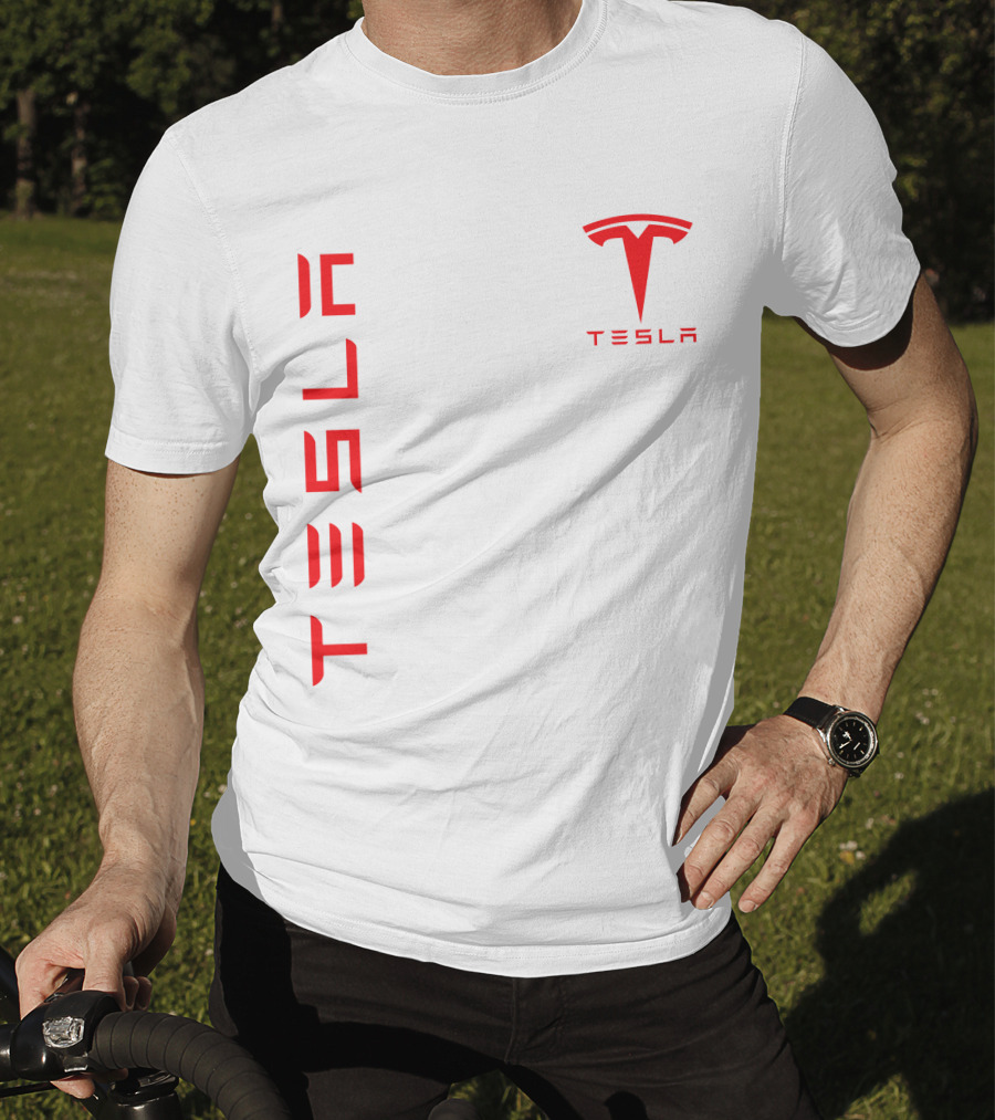 Tesla Vertical And Logo Red T-Shirt