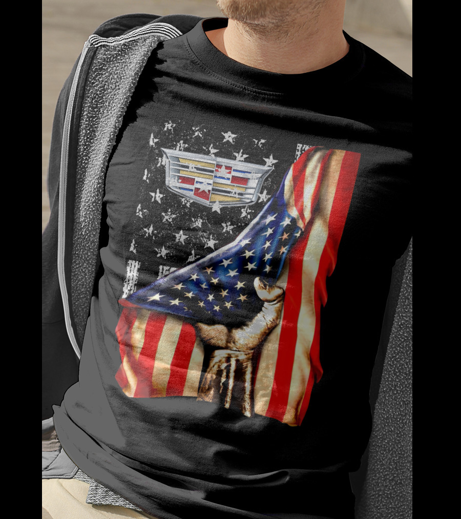 Cadillac Logo American Flag Hand Stars Stripes T-Shirt