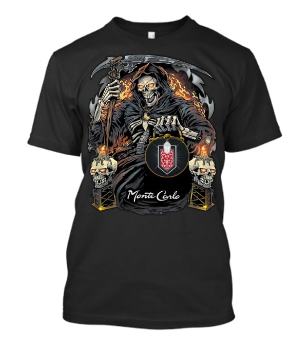 Monte Carlo Grim Reaper With Scythe And Flaming Skulls T-Shirt