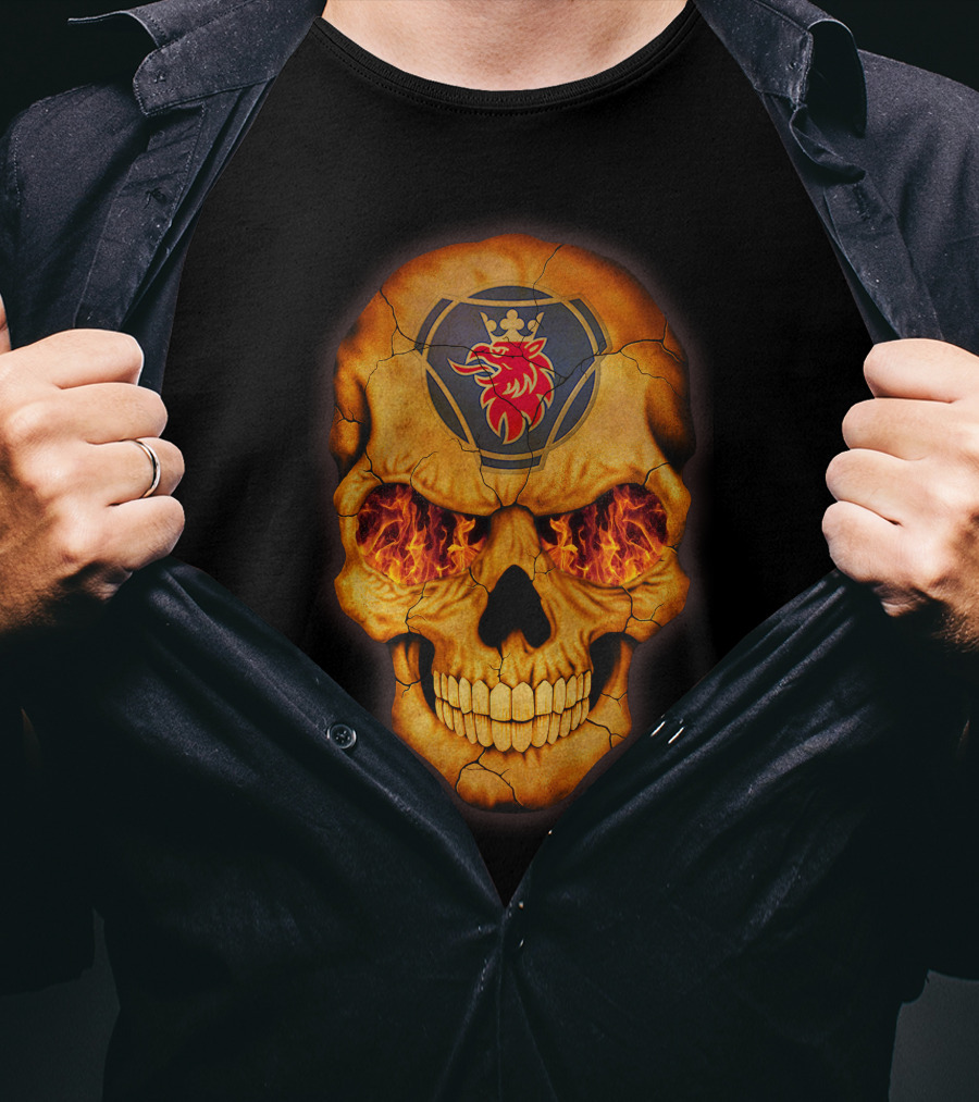 SCANIA Skull With Fiery Eyes And Lion Emblem T-Shirt