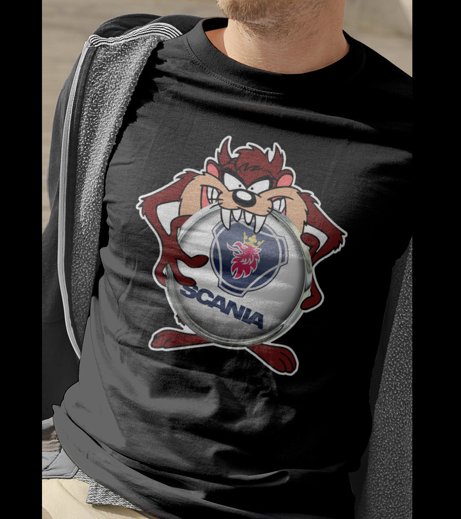 TAZ SCANIA Logo With Cartoon Character Holding Emblem T-Shirt