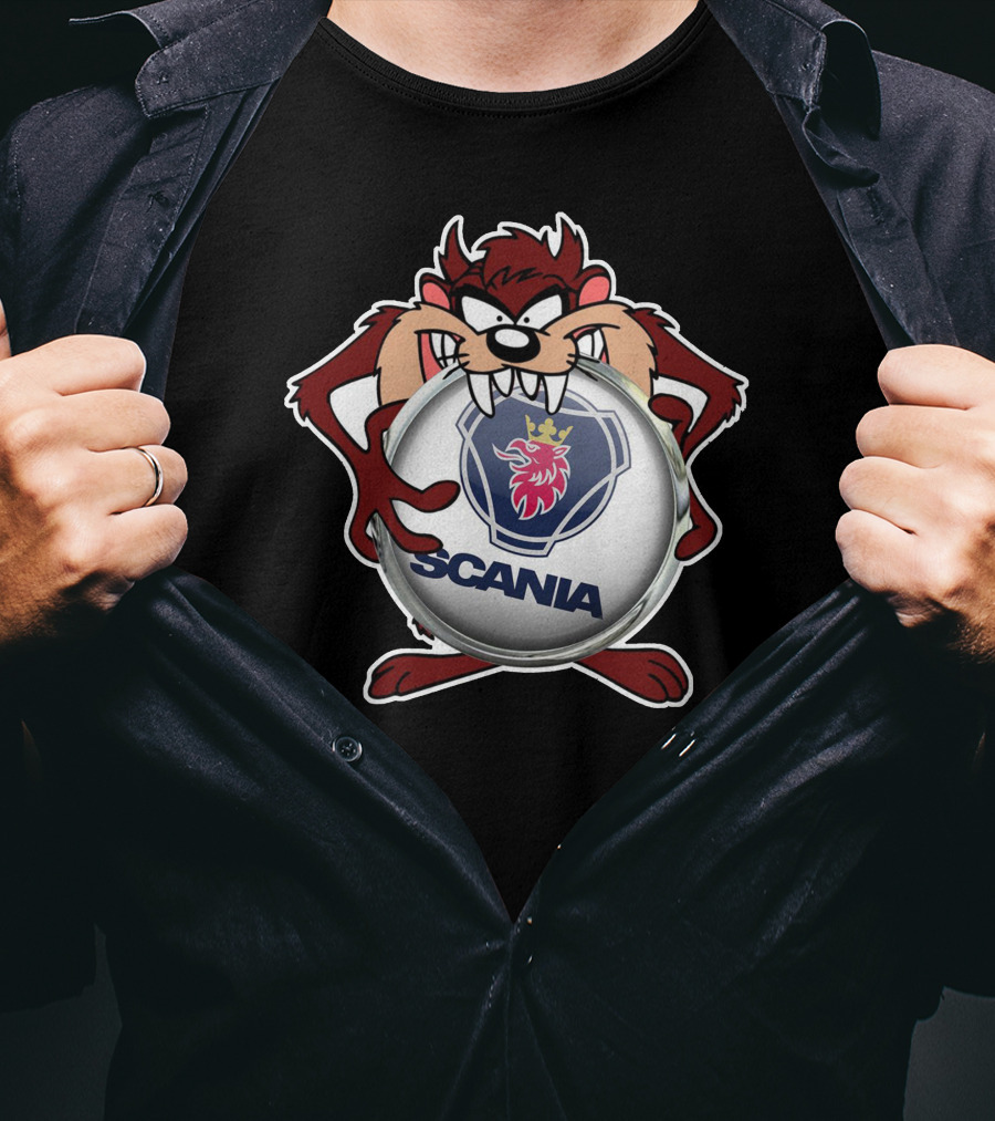 TAZ SCANIA Logo With Cartoon Character Holding Emblem T-Shirt