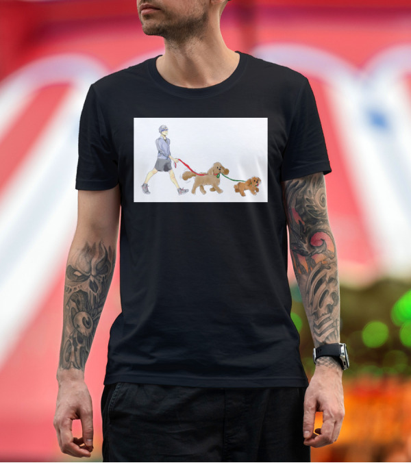 Premium T-Shirt: Joyful Walk with Two Dogs on Bright Leashes T-Shirt Joyful Walk with Two Dogs on Bright Leashes T-Shirt