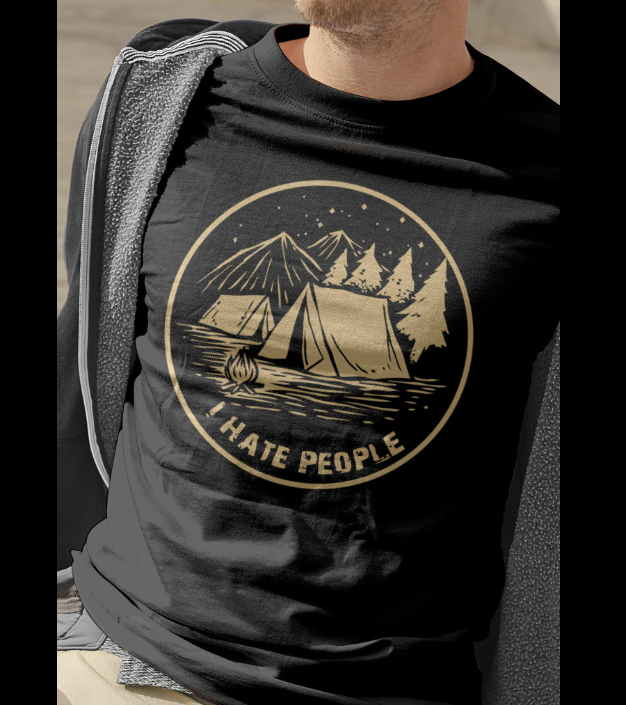 I Hate People Camping Tents Mountains Campfire Night Sky T-Shirt