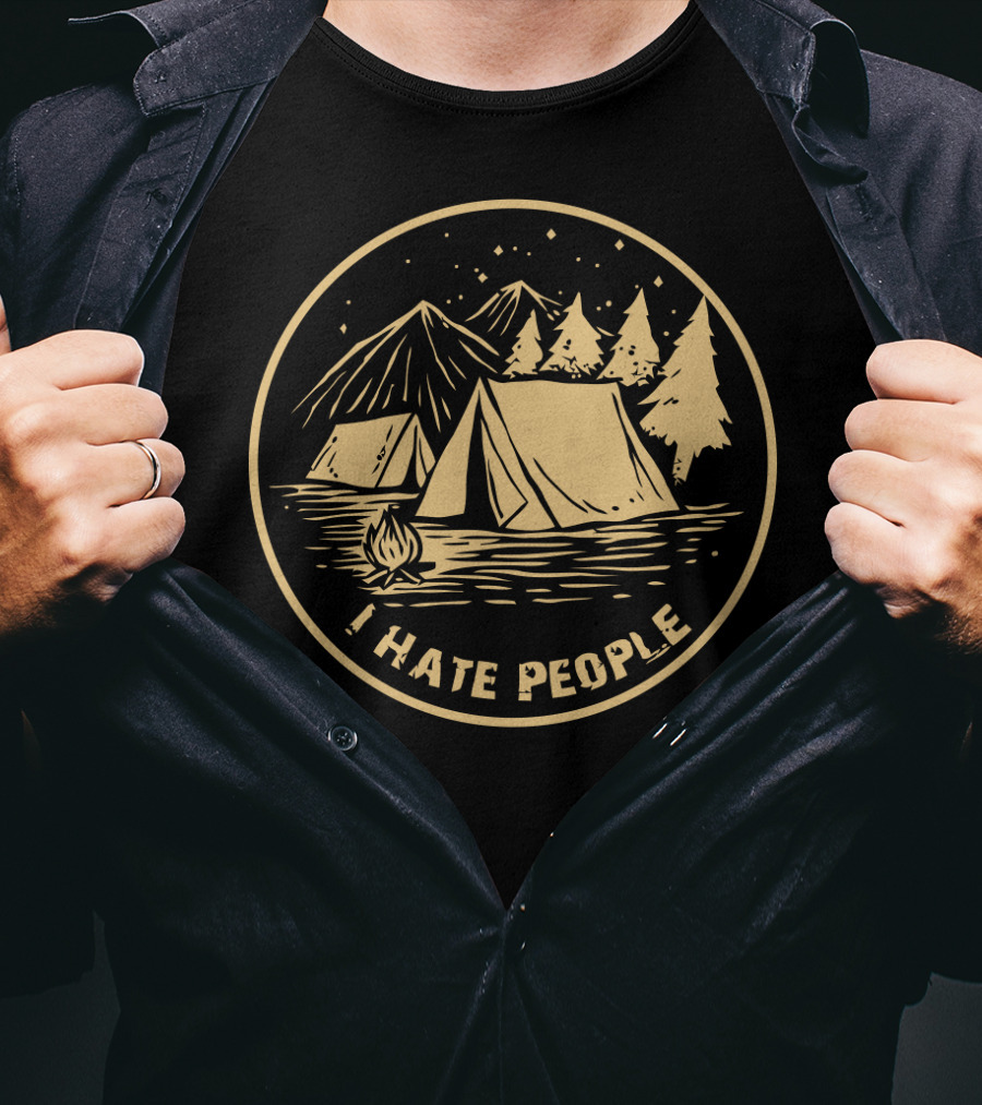 I Hate People Camping Tents Mountains Campfire Night Sky T-Shirt