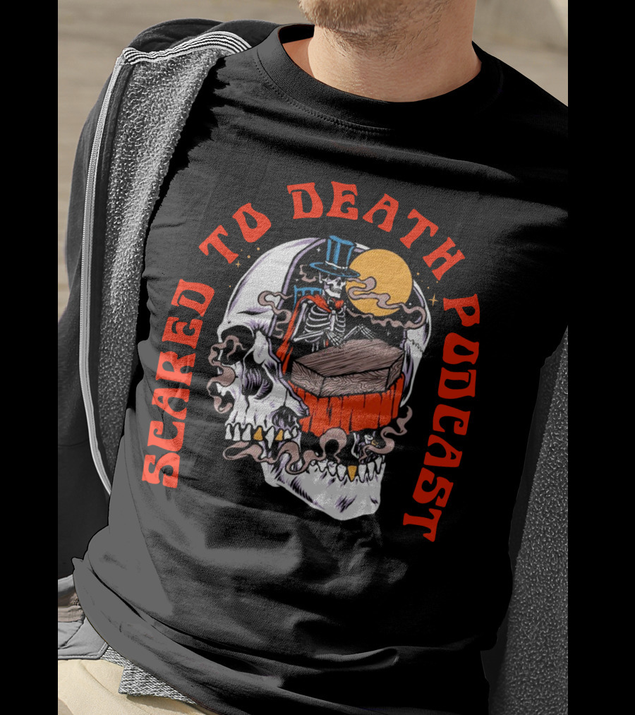 Scared To Death Podcast Skeleton Coffin Moon Skull T-Shirt