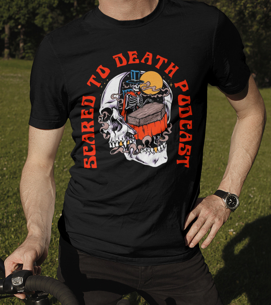 Scared To Death Podcast Skeleton Coffin Moon Skull T-Shirt