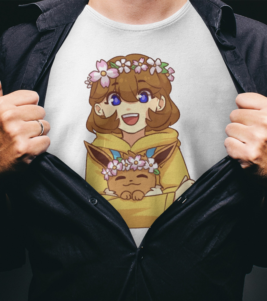 Ash With Flower Crown And Eevee Hugging T-Shirt