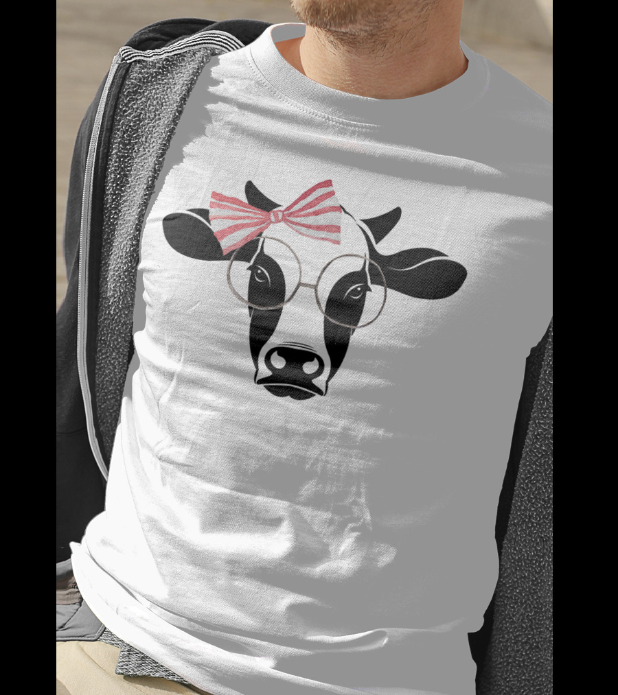 Cute Cow With Pink Striped Bow And Glasses T-Shirt