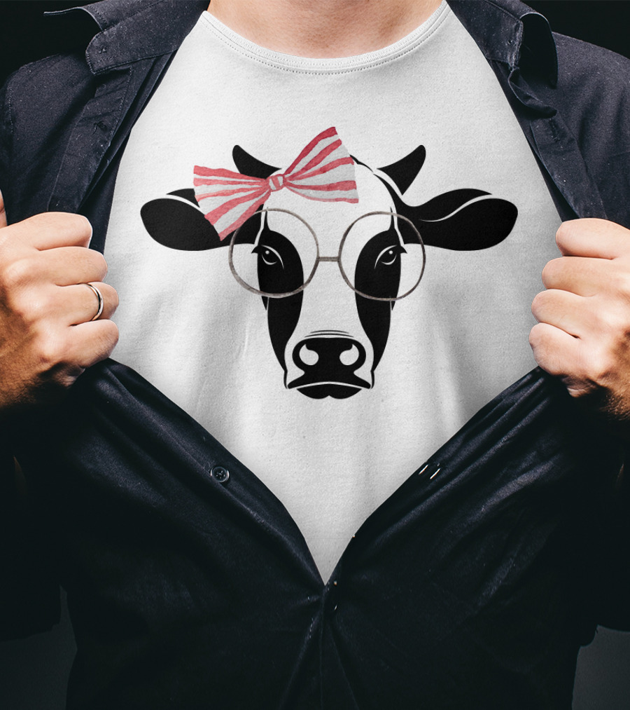 Cute Cow With Pink Striped Bow And Glasses T-Shirt