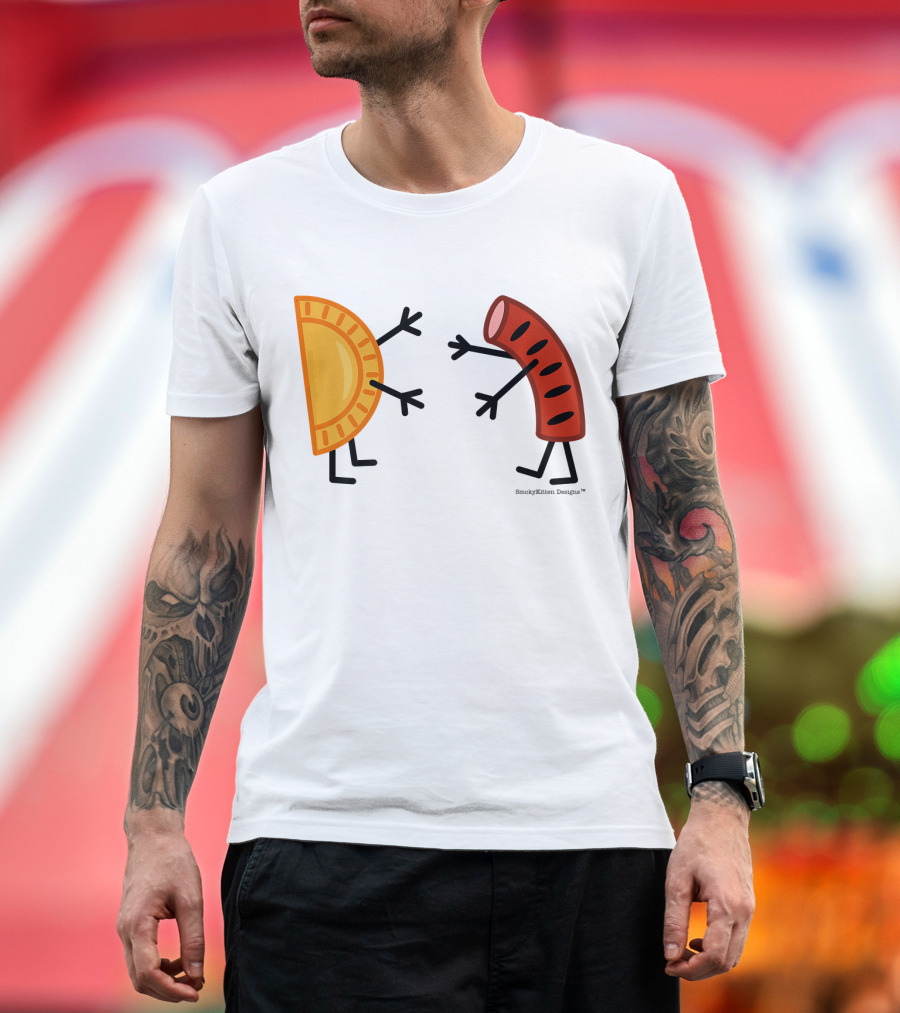 Pierogi and Kielbasa Friendly Food Hug Wholesome Cartoon Characters Embrace T-Shirt